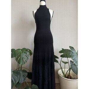 Stillwater Black Maxi Dress Mock Neck Open Back Lace Trim Size S Revolve